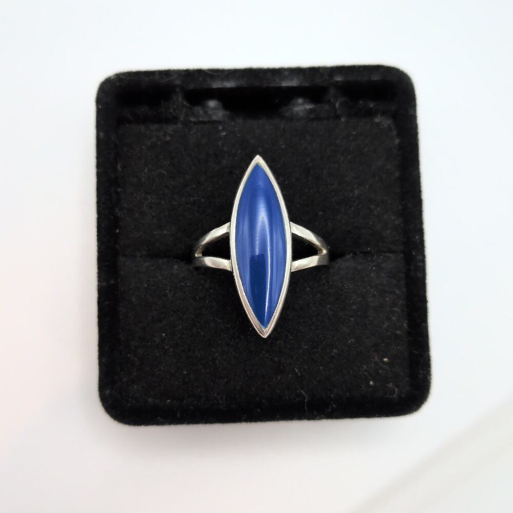 Sterling Silver 925 Dark Blue Gemstone Inlay Marquise Ring Size 6.75 3.49g